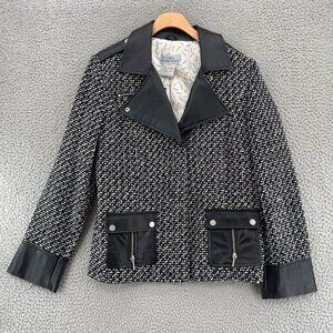 Bradley Bayou Jacket Womens Medium Black Leather Trim Wool Tweed Blazer Coat NWT